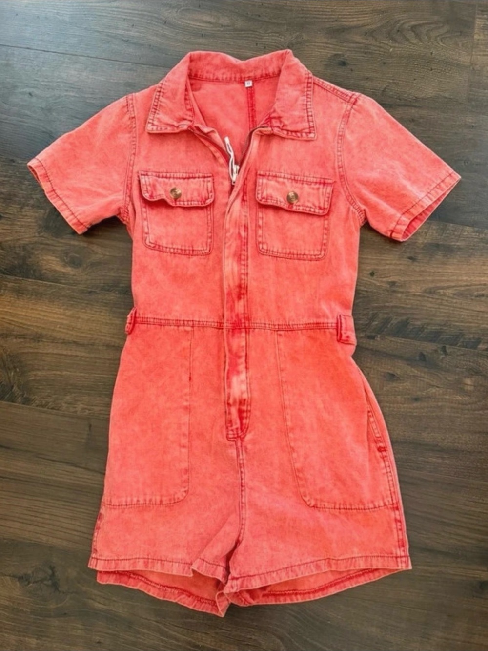 Women's Short Sleeve Denim Romper in Coral